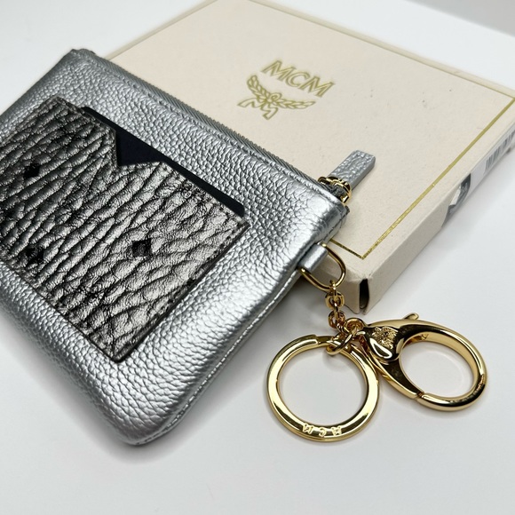 MCM Metallic Silver Visetos Leather Coin/Card
Pouch w/ Gold Keychain, NWT